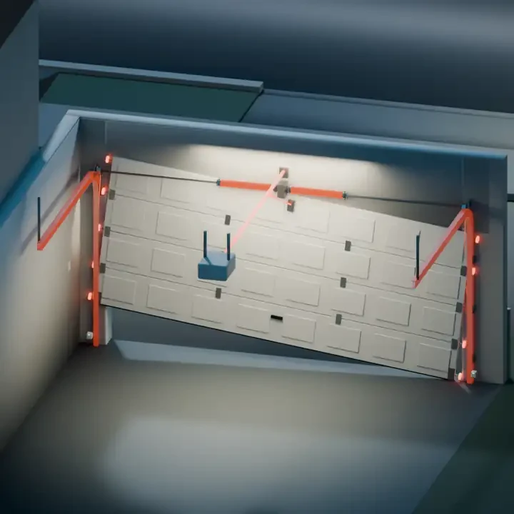 Illustration: inside the garage, the whole door seen from behind, springs, cables, rollers and the opener rail picked out in red