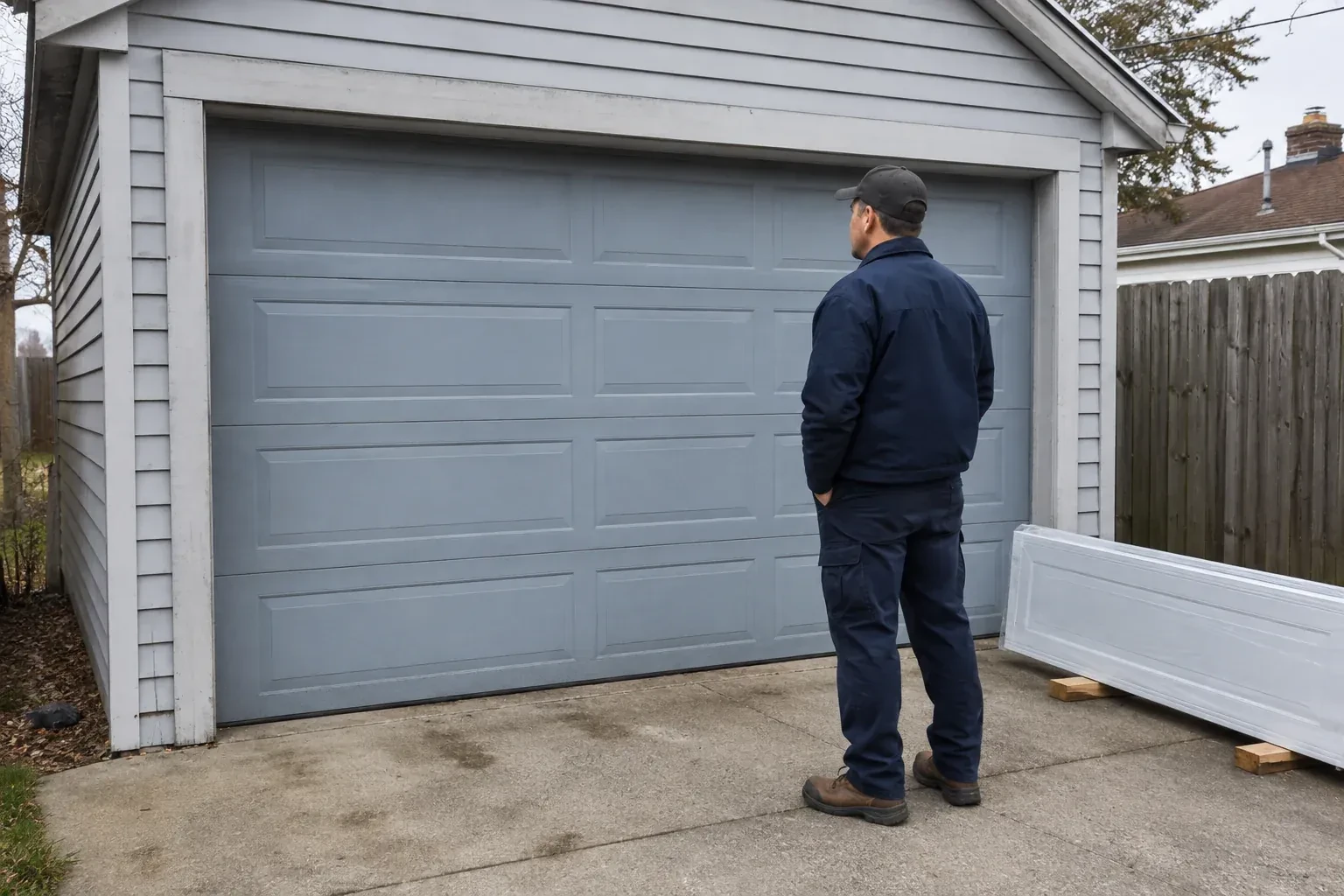 A person examines a blue-grey sectional garage door with a packaged door panel resting beside the driveway. — Sectional Garage Door Replacement, Guelph