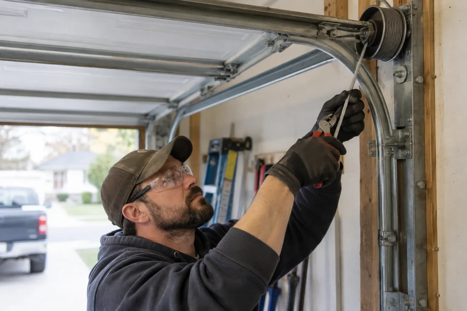 Technician in safety glasses gripping a steel cable with pliers beside a cable drum at the curved door track. — Puslinch