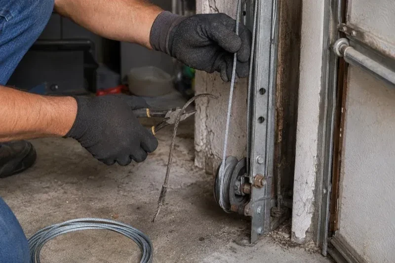 Gloved hands holding a bright cable and pliers gripping a frayed cable beside a garage-door track and pulley. — Garage Door Cable Replacement, Guelph