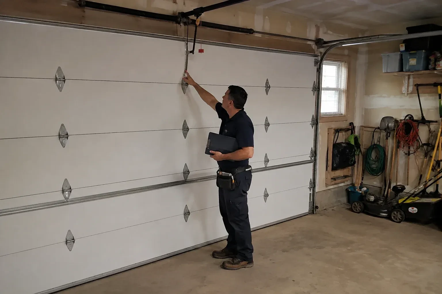 A person holding a clipboard examines the interior hardware of a closed garage door. — Garage Door Tune-Up, Guelph