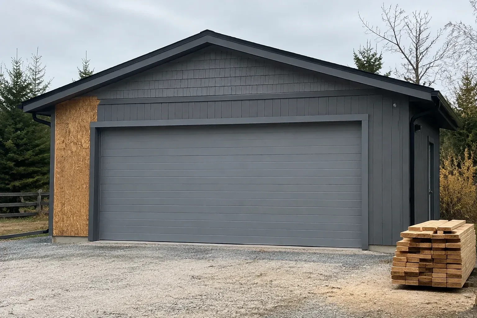 Closed grey garage door on a partly finished building beside stacked lumber. — New-Construction Garage Door Installation, Guelph