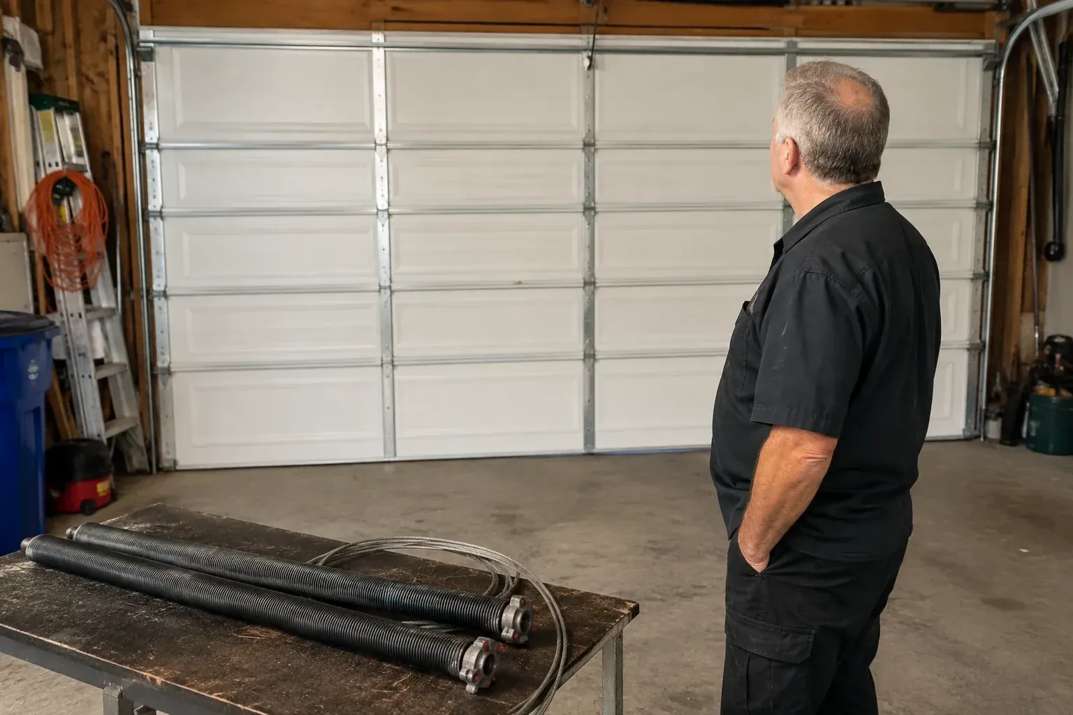 Detached coil springs with end fittings and a cable rest on a bench in front of a closed garage door. — Torsion Spring Replacement, Guelph