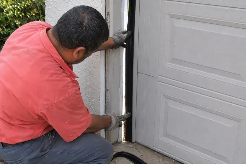 Gloved person holding a black strip along the side of a sectional garage-door opening — Garage Door Perimeter Weatherstrip, Guelph