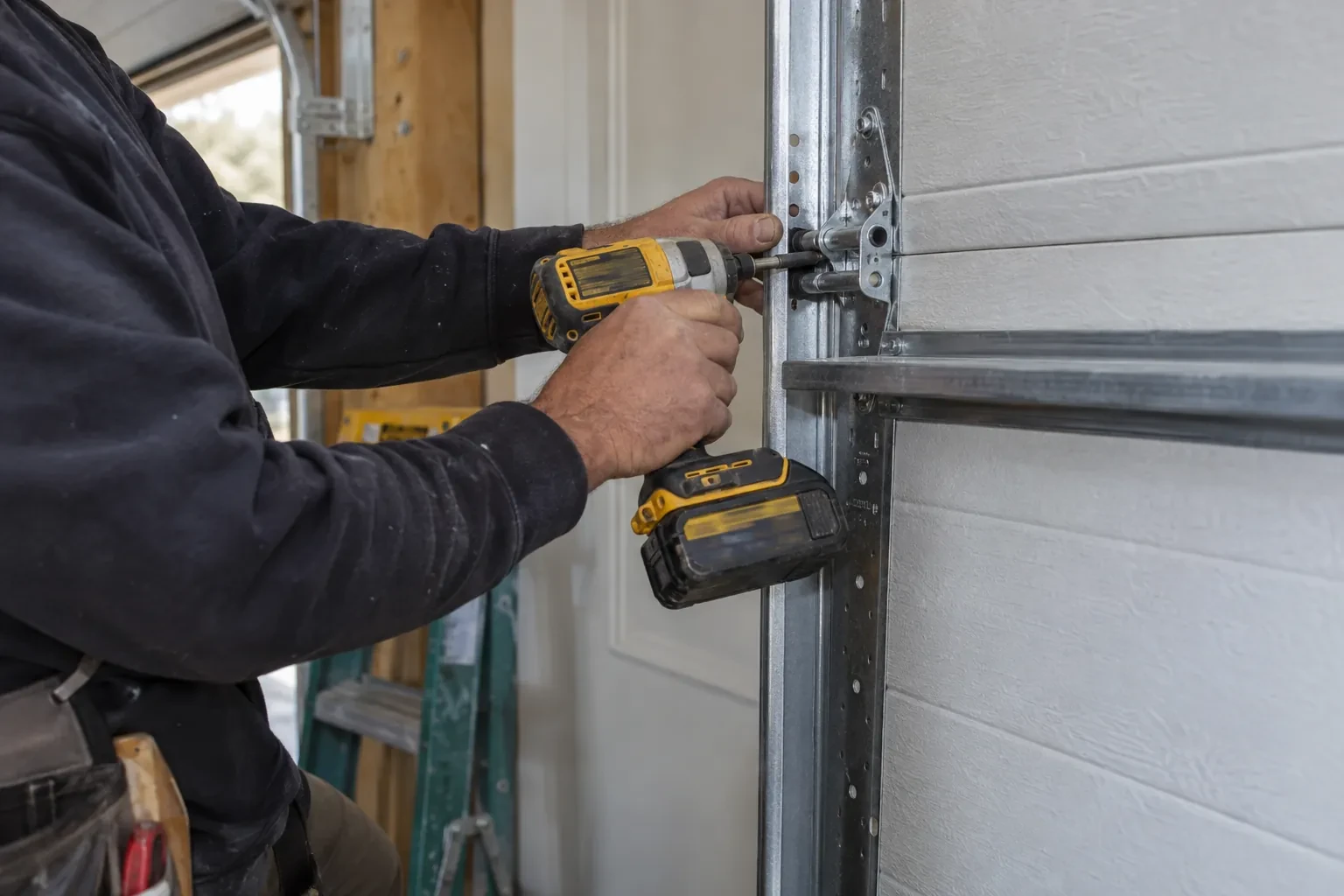 Hands driving a screw with a yellow cordless impact driver into a perforated steel track beside a white garage door panel. — Guelph