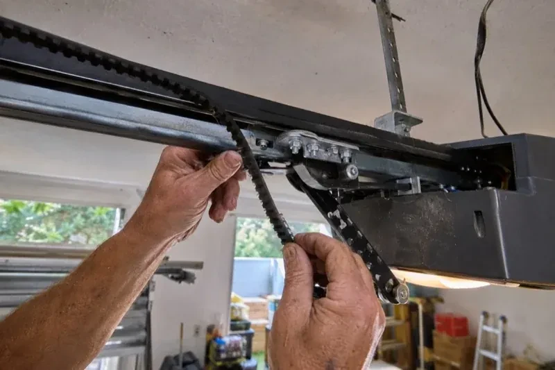 Hands holding a loose toothed belt beside the rail and trolley of an overhead garage-door opener. — Belt-Drive Opener Repair, Guelph