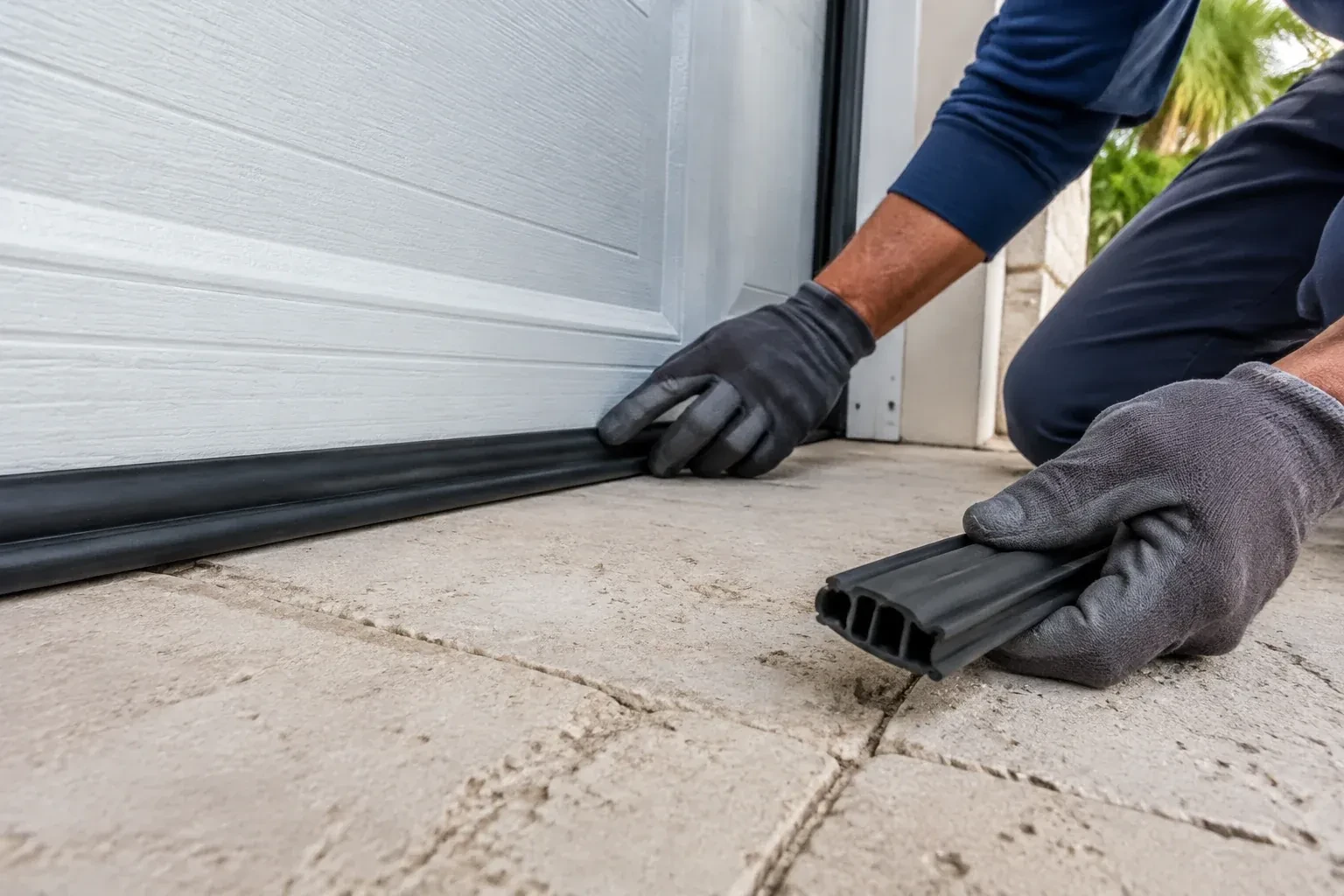 Gloved hands setting a black rubber seal along the base of a white garage door, holding a ribbed strip over paving stones. — Garage Door Bottom Seal Replacement, Everton