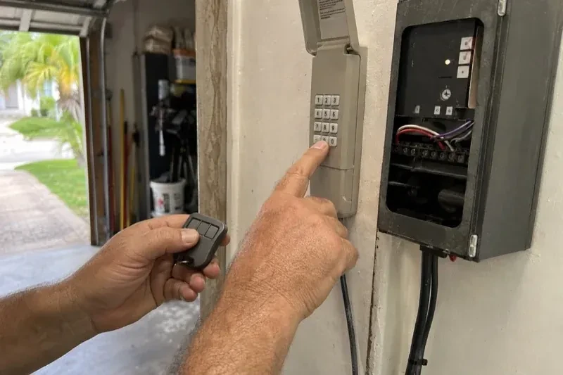 Hands holding a small remote and pressing a wall-mounted keypad beside an open control box with visible wiring. — Garage Door Remote and Keypad Programming, Guelph