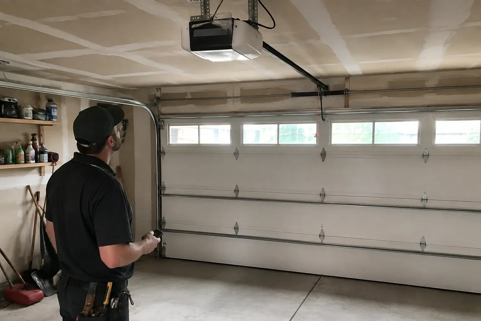 A person looks at an overhead opener above a closed garage door with a row of windows. — Garage Door Opener Replacement, Guelph