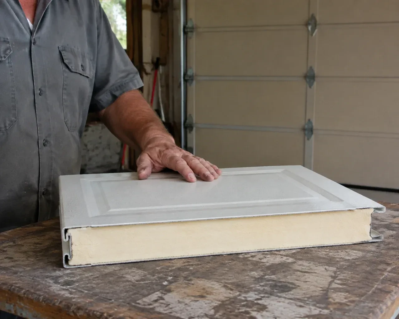 A panel sample exposes a cream foam core between thin metal faces on a garage workbench. — Insulated Steel Garage Door Installation, Guelph