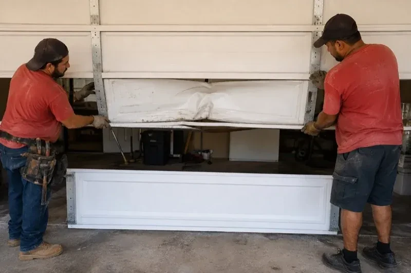 Two people holding a dented lower garage-door section above a separate white panel resting on the ground. — Garage Door Panel Replacement, Guelph