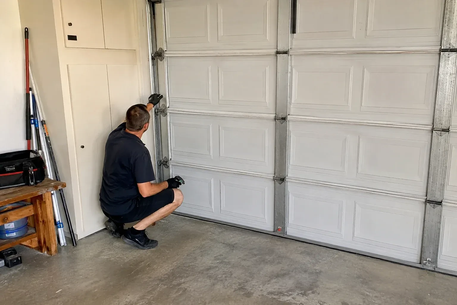 A person kneels beside the side track and hinges of a closed sectional garage door. — Garage Door Safety Inspection, Guelph
