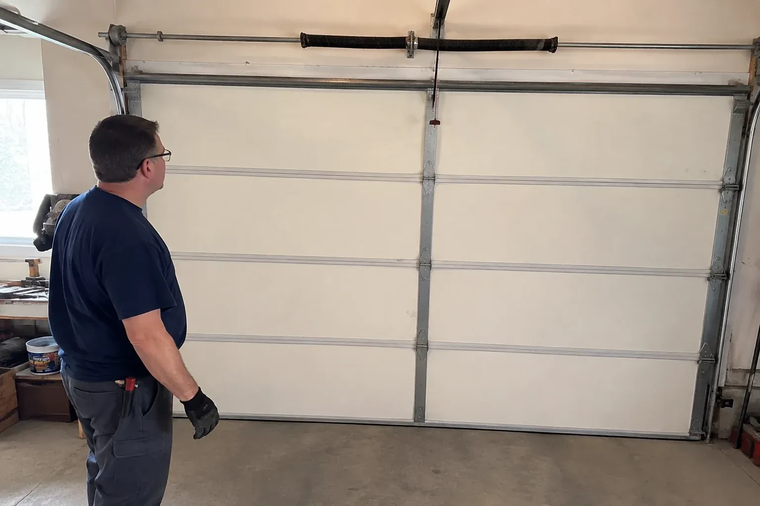 Person in a dark shirt standing before a closed cream sectional door, looking up at a coiled spring and red-tipped cord. — Off-Track Garage Door Reset, Guelph