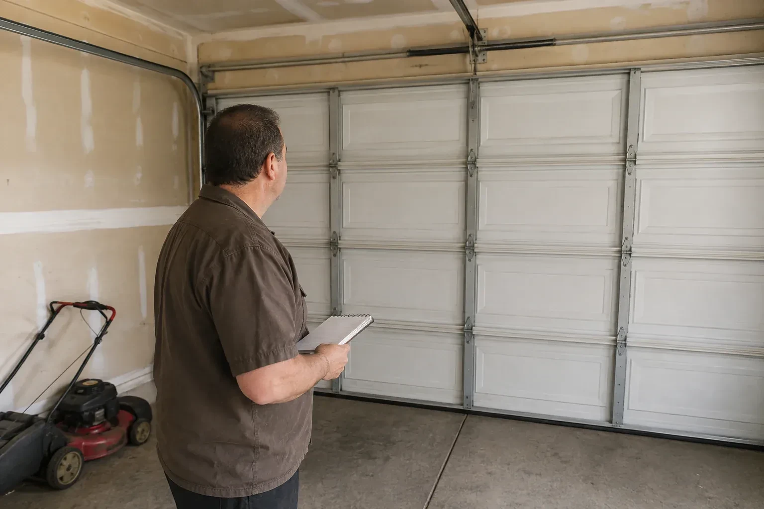 Technician holding a notebook while looking at a closed sectional door. — Garage Door Balance Adjustment, Guelph