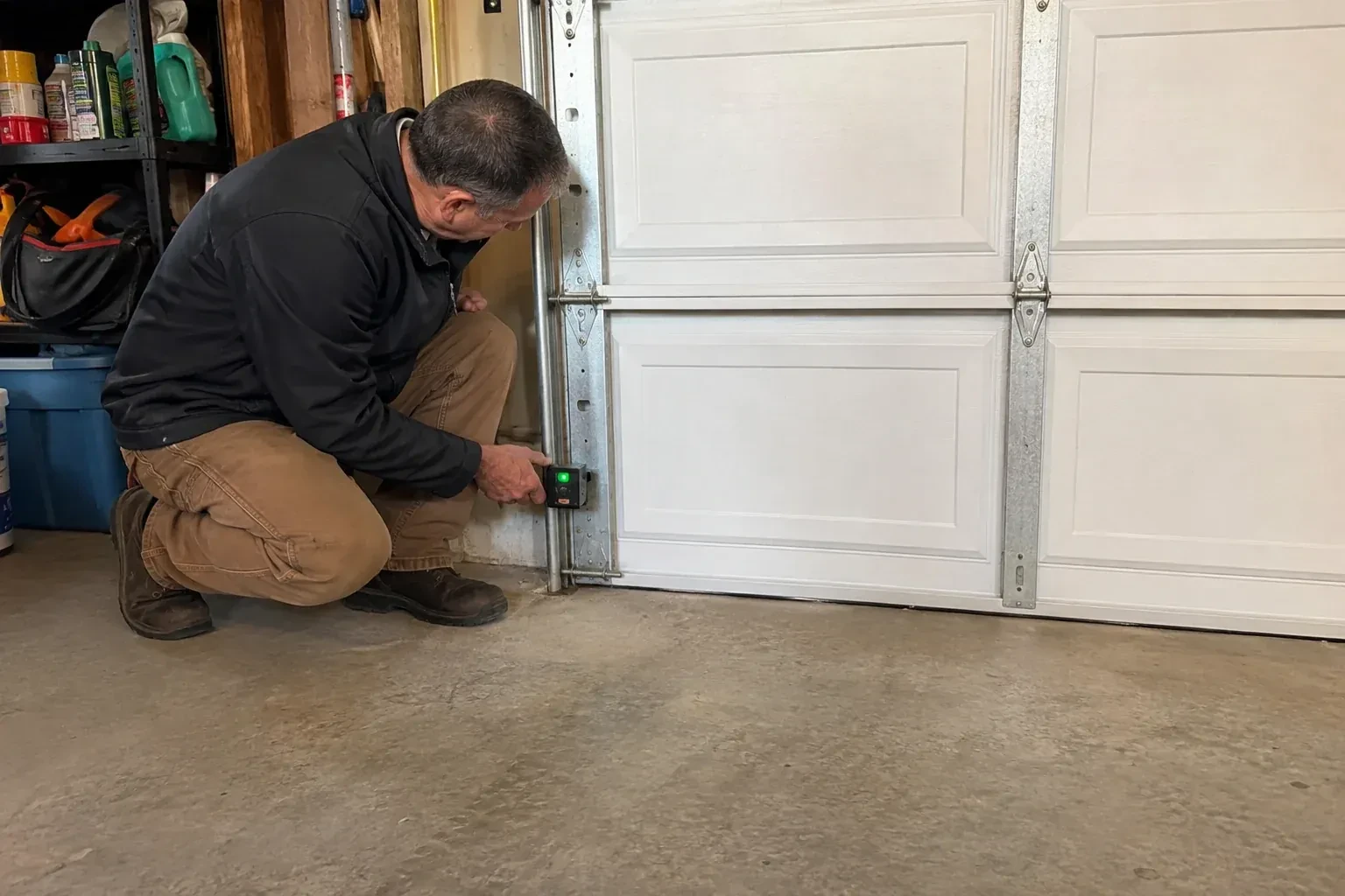 Technician kneeling beside a white paneled garage door, holding a small black box with a green light against the vertical track. — Photo-Eye Sensor Alignment or Replacement, Guelph