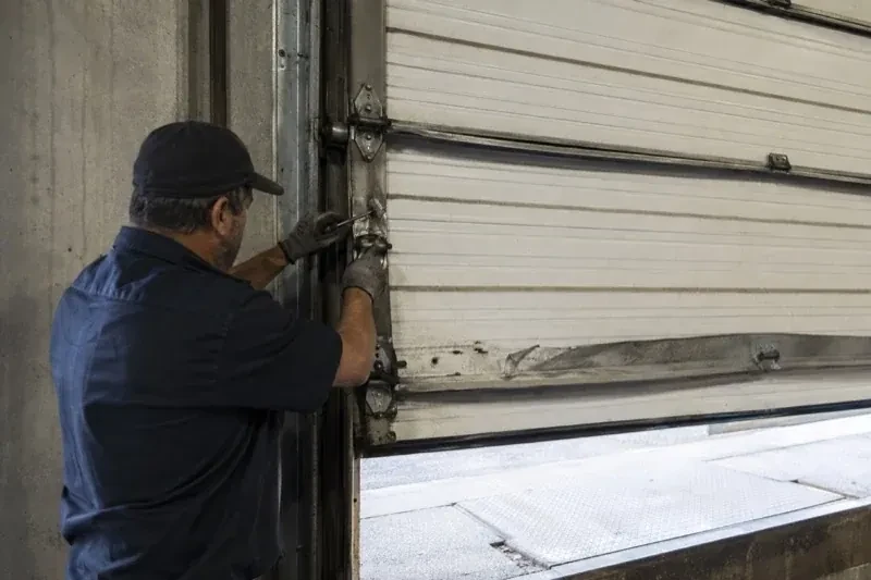 Person holding tools at the side hinge of a partly raised industrial sectional door — Commercial Sectional Door Repair, Guelph