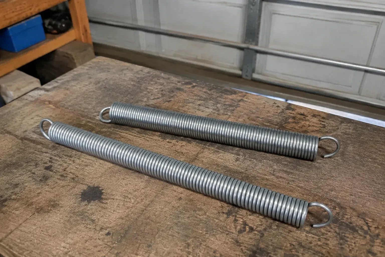 Two detached extension springs with hooked ends on a garage bench. — Extension Spring Replacement, Guelph