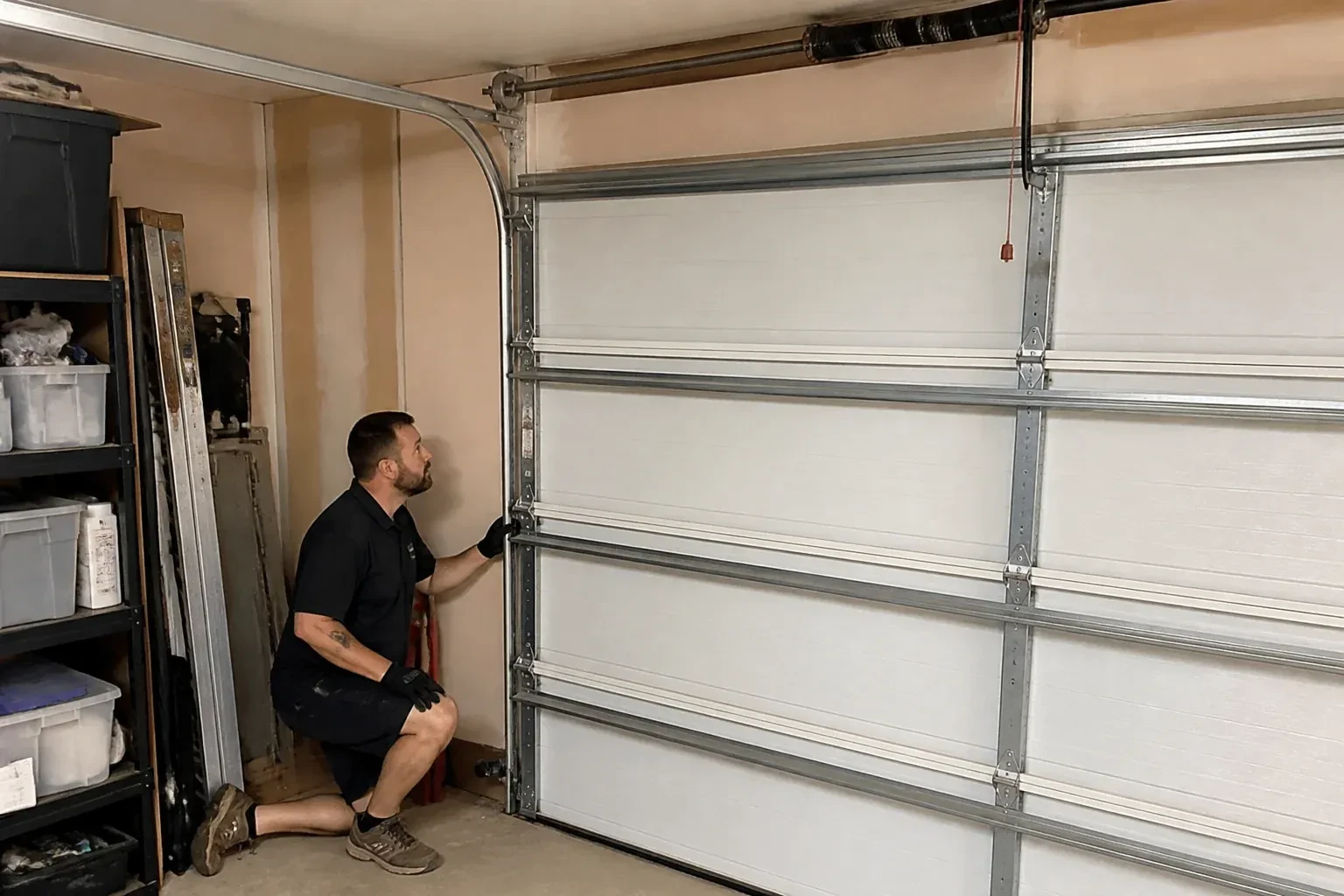 A person examines the vertical side track of a closed garage door. — Garage Door Track Repair or Replacement, Guelph