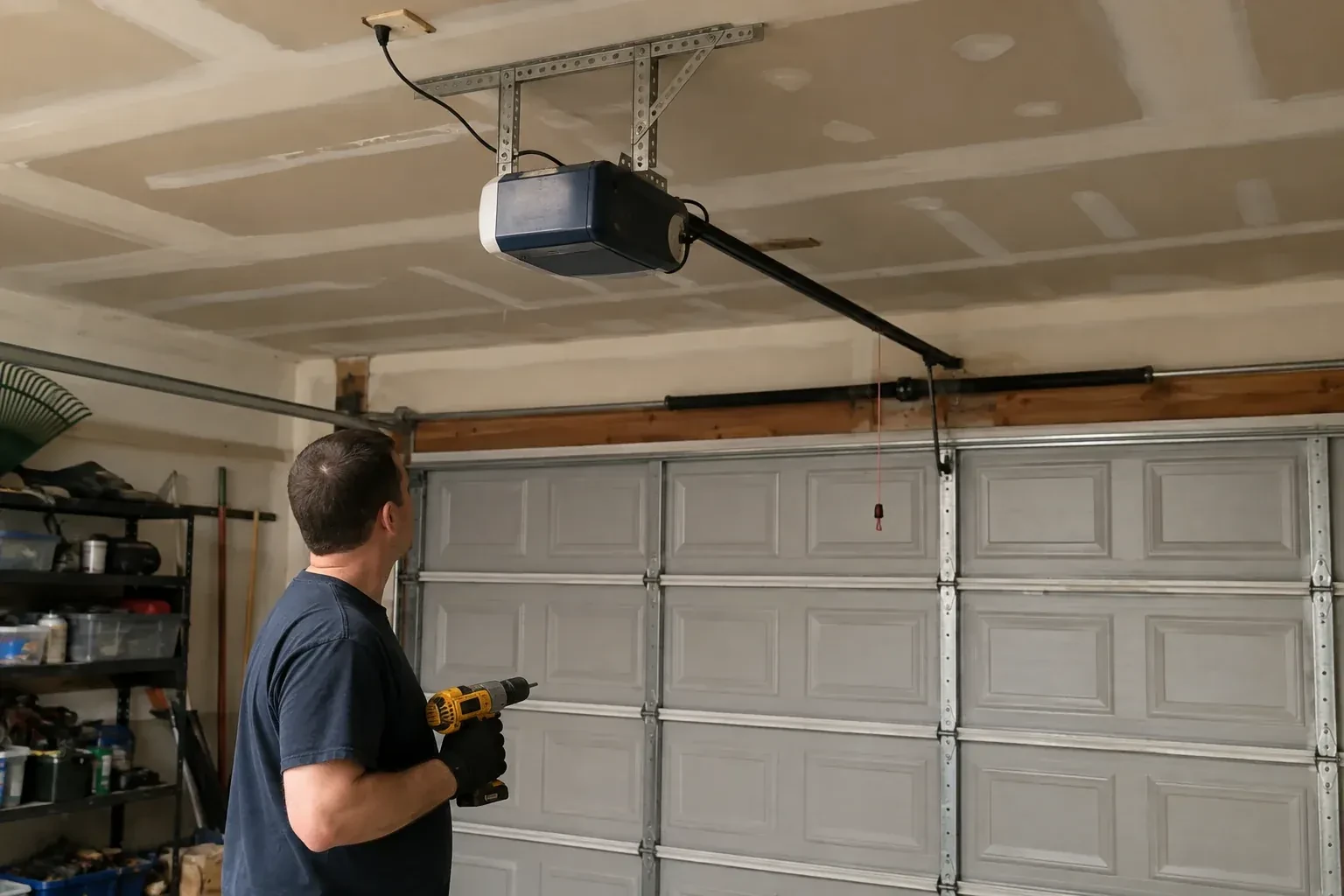 Person holding a yellow drill and looking up at a blue and white opener above a gray paneled garage door. — Chain-Drive Opener Repair, Guelph